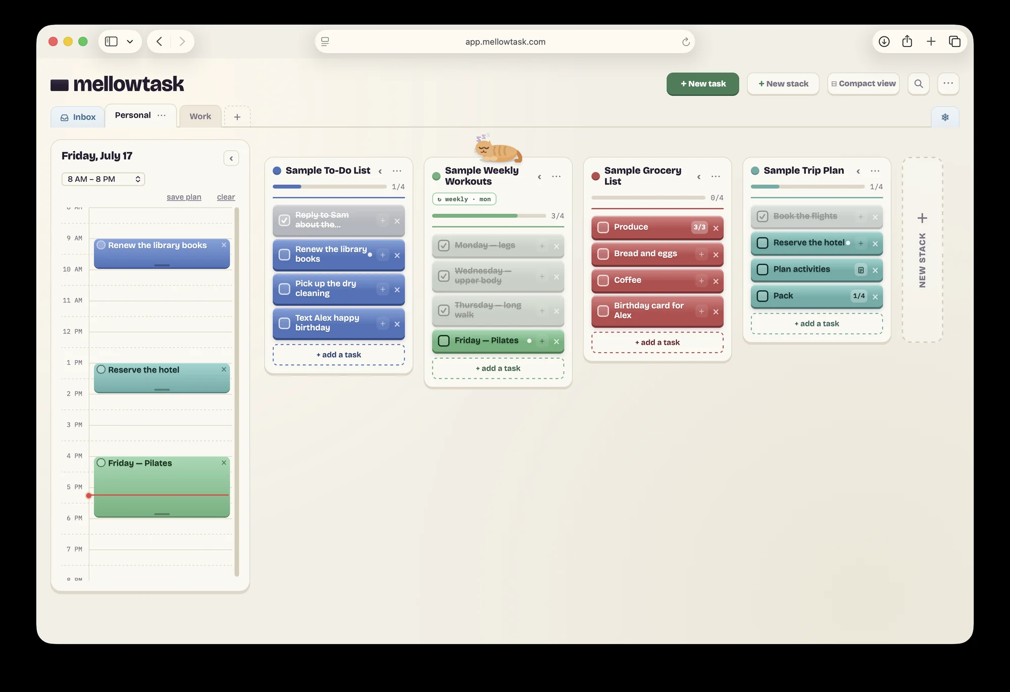 The desktop board with the day timeline on the left and task blocks placed in hour slots beside the stacks.
