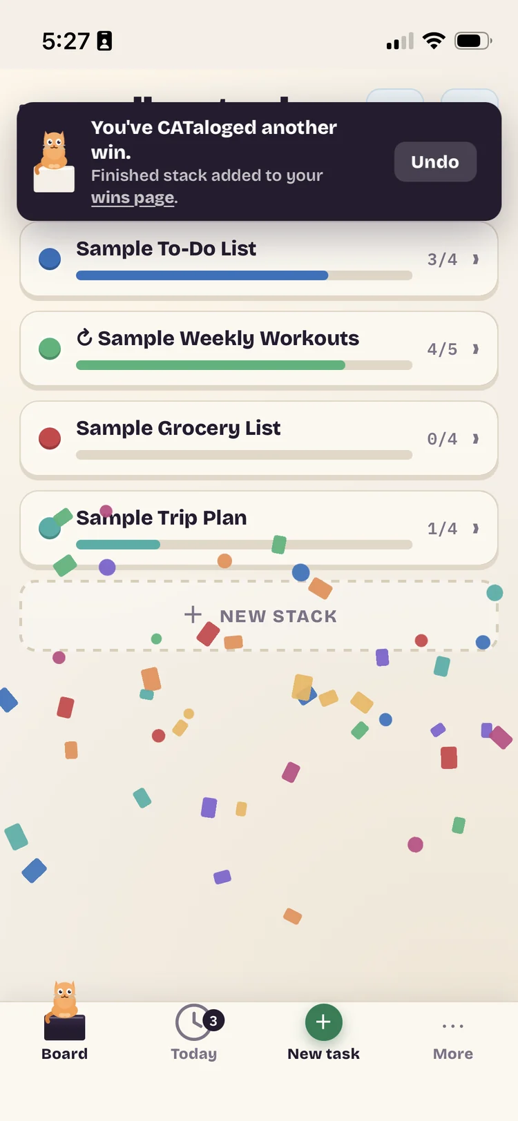 Finishing a stack in Mellowtask on a phone, with confetti and a note that the win was saved.