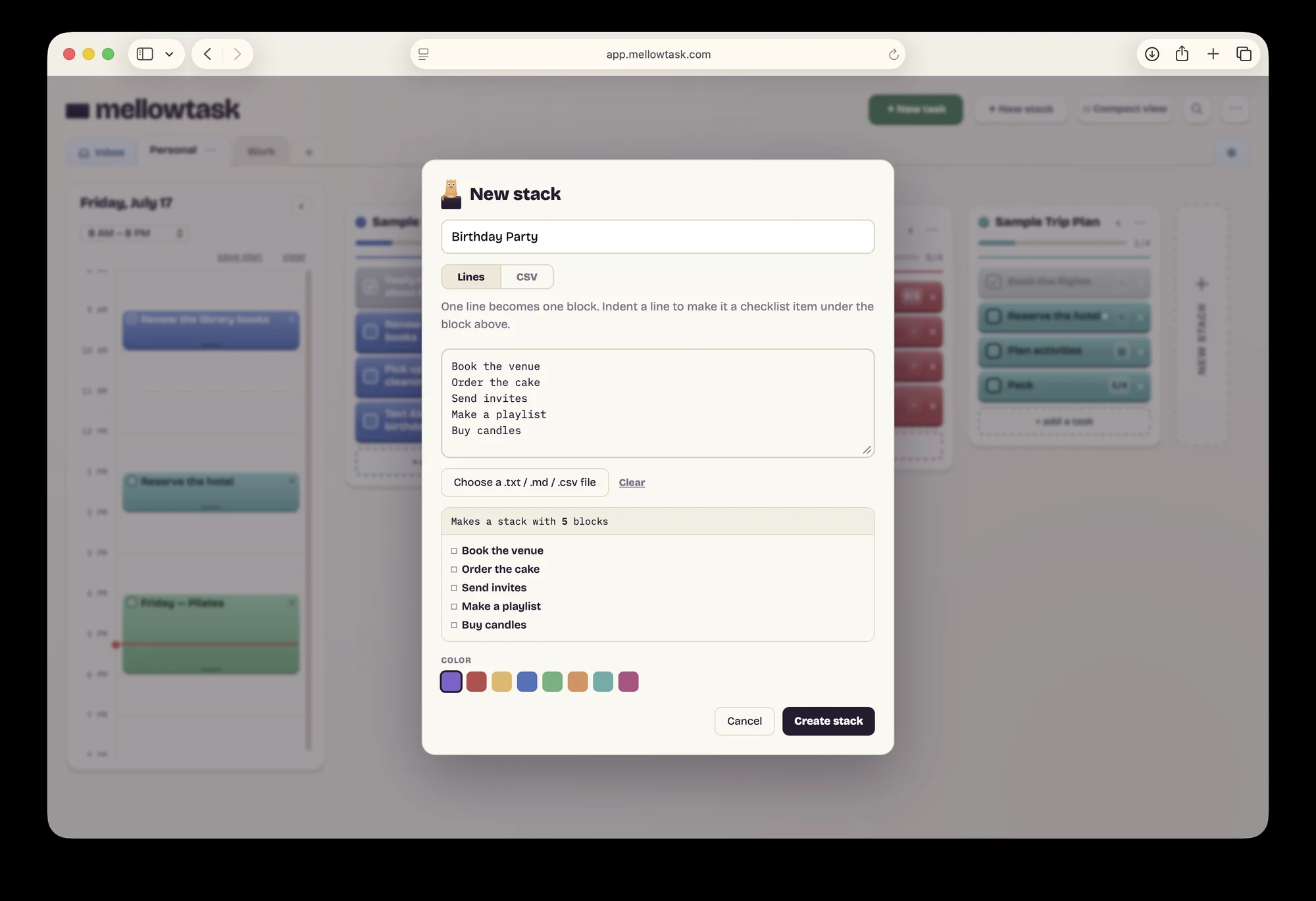 The new stack window with a pasted five-line list and a preview of the five blocks it will create.