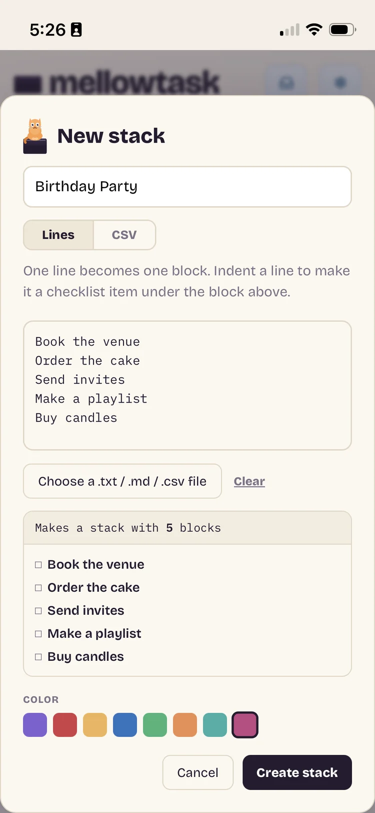 The same paste-a-list step on a phone, previewing the blocks before the stack is created.