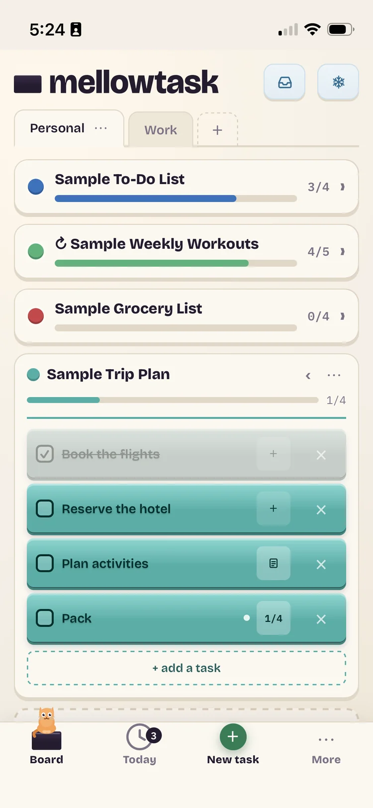 The same visual to-do list on a phone, with an open stack showing four finished task blocks and one still to do.